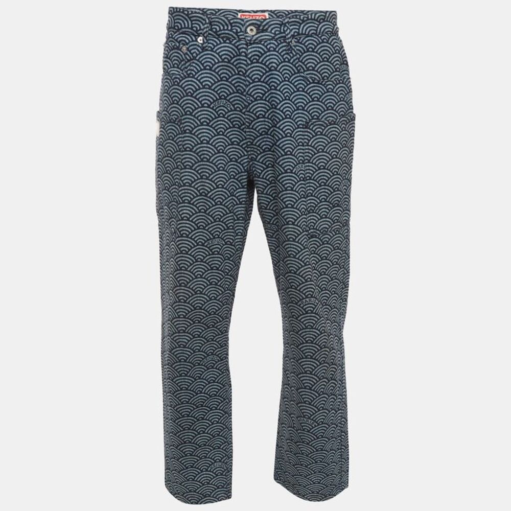 Kenzo Blue Japanese Seigaiha Wave Print Denim Cargo Jeans S/waist 34"